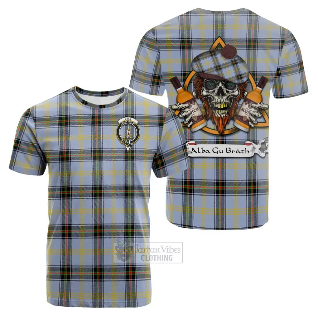 Bell Tartan Cotton T-shirt with Family Crest and Bearded Skull Holding Bottles of Whiskey