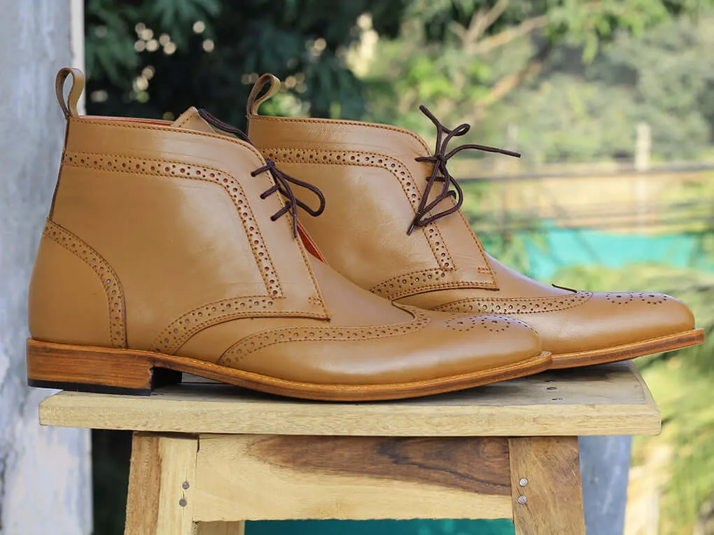 Bespoke Tan Leather  High Ankle Wing Tip Lace Up Boots