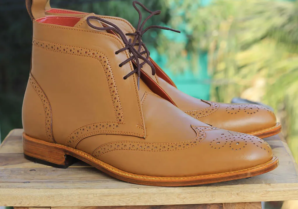 Bespoke Tan Leather  High Ankle Wing Tip Lace Up Boots