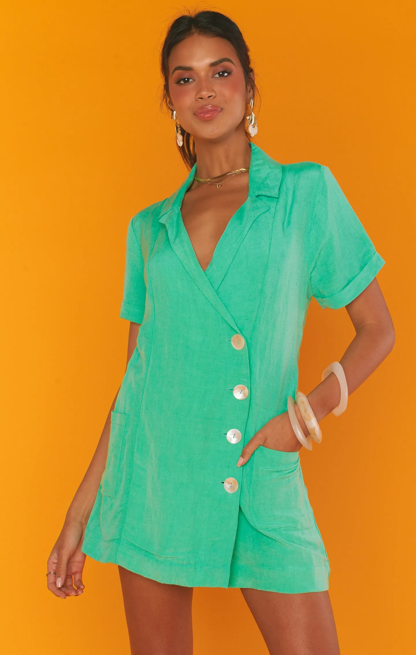 Bicoastal Blazer Romper ~ Seafoam Linen