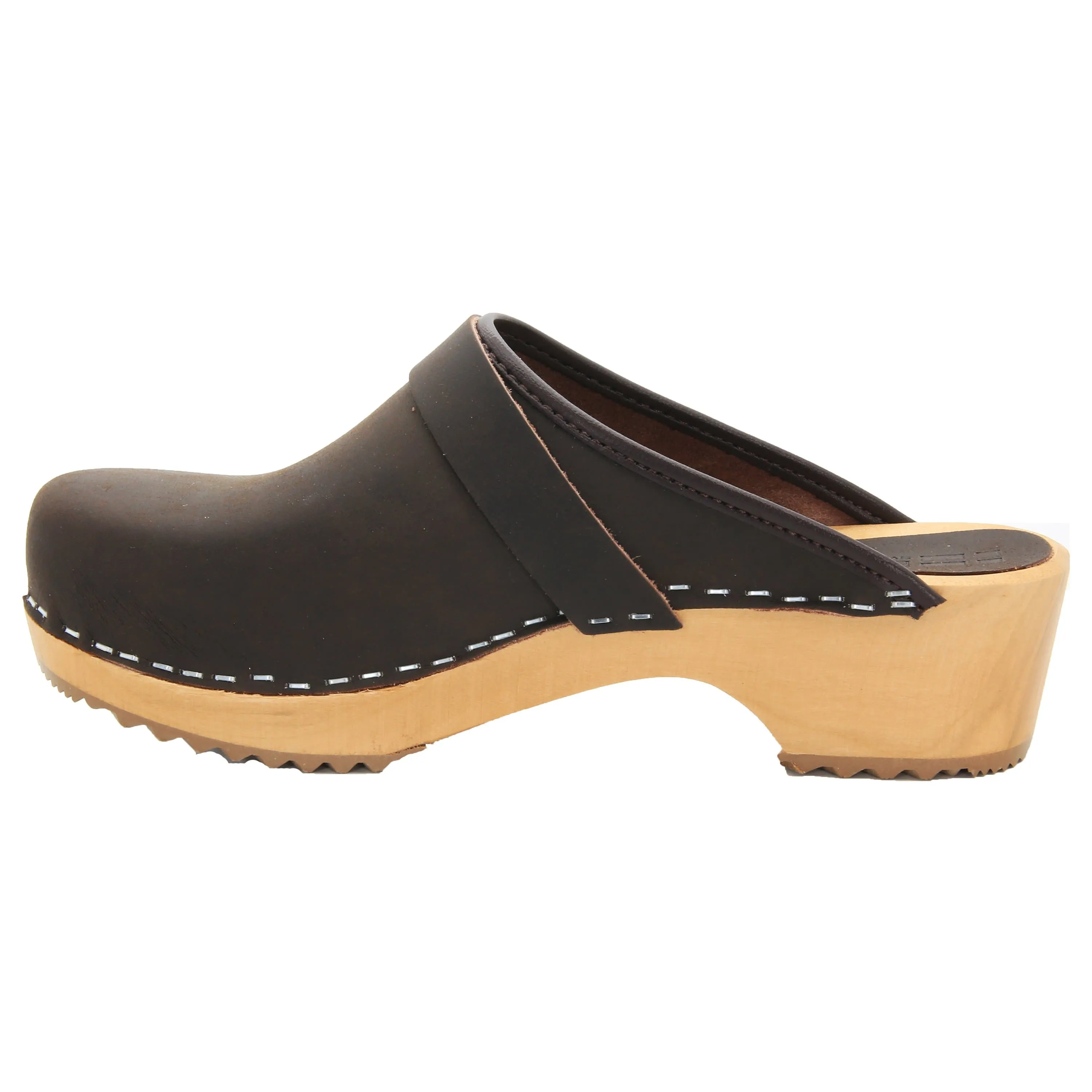 BJORK Maja Wood Open Back Brown Oiled Leather Clogs