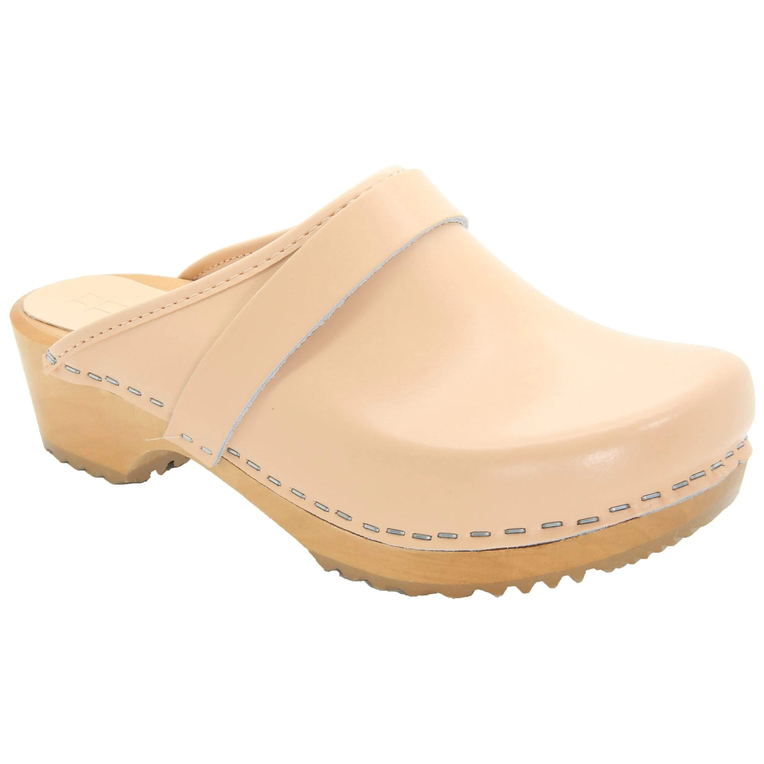 BJORK Maja Wood Open Back Clogs in Nude Leather