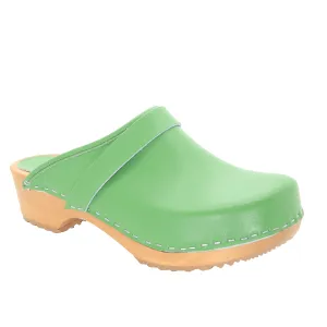 BJORK Maja Wood Open Back Green Leather Clogs - CLOSEOUT