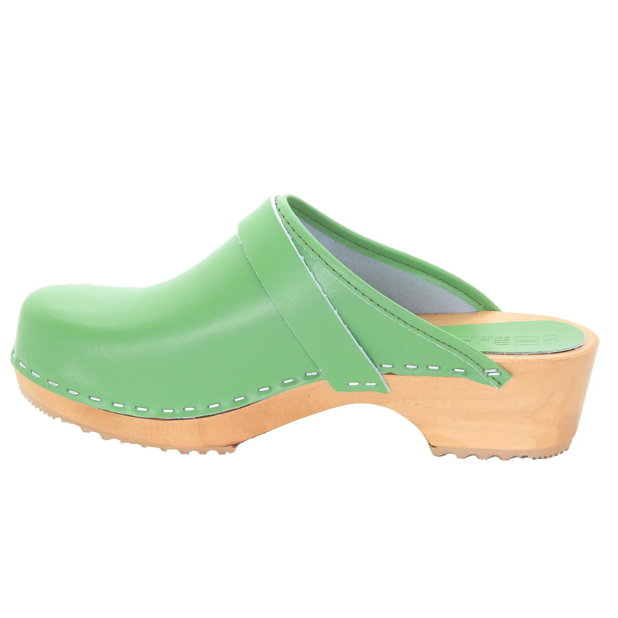 BJORK Maja Wood Open Back Green Leather Clogs - CLOSEOUT