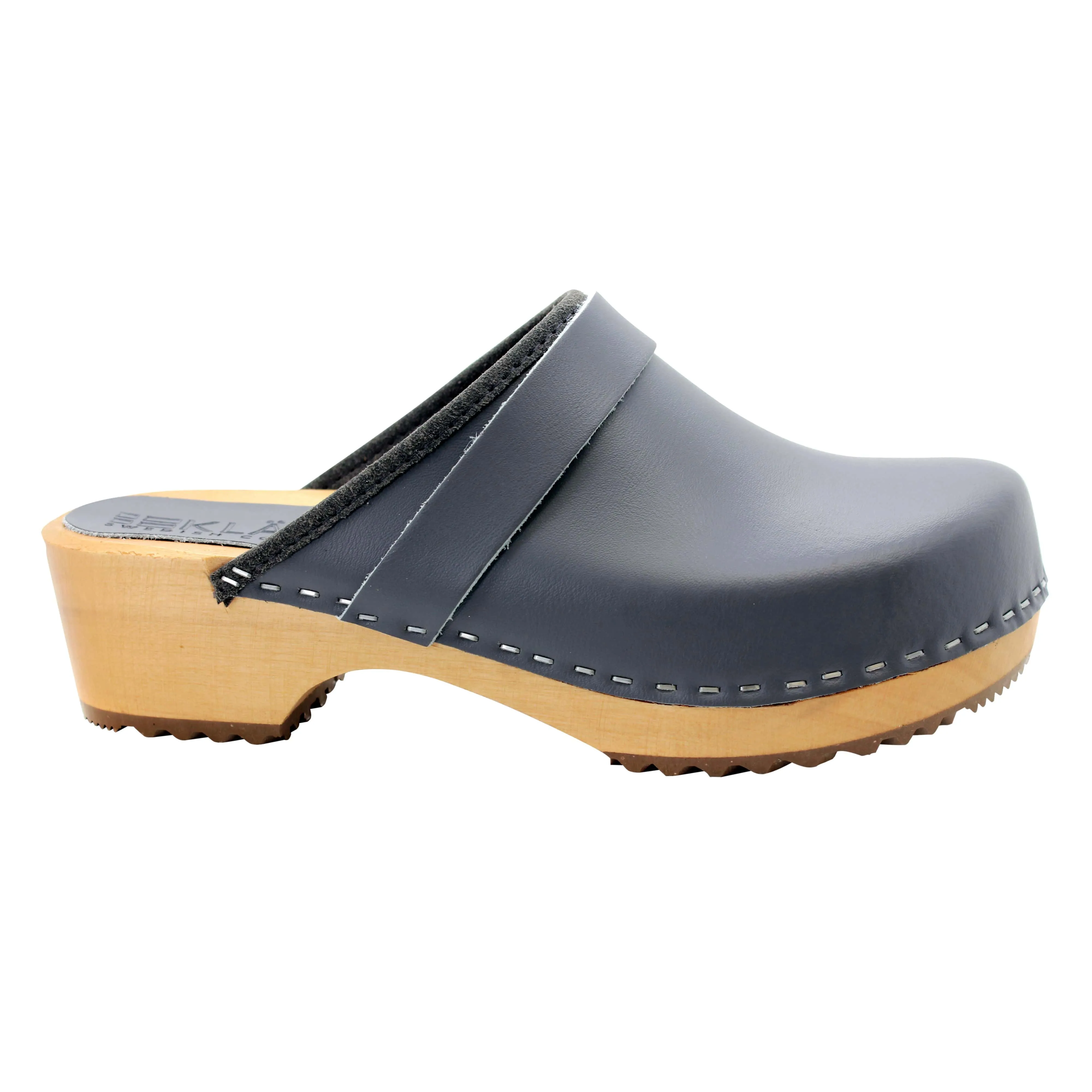 BJORK Maja Wood Open Back Grey Leather Clogs