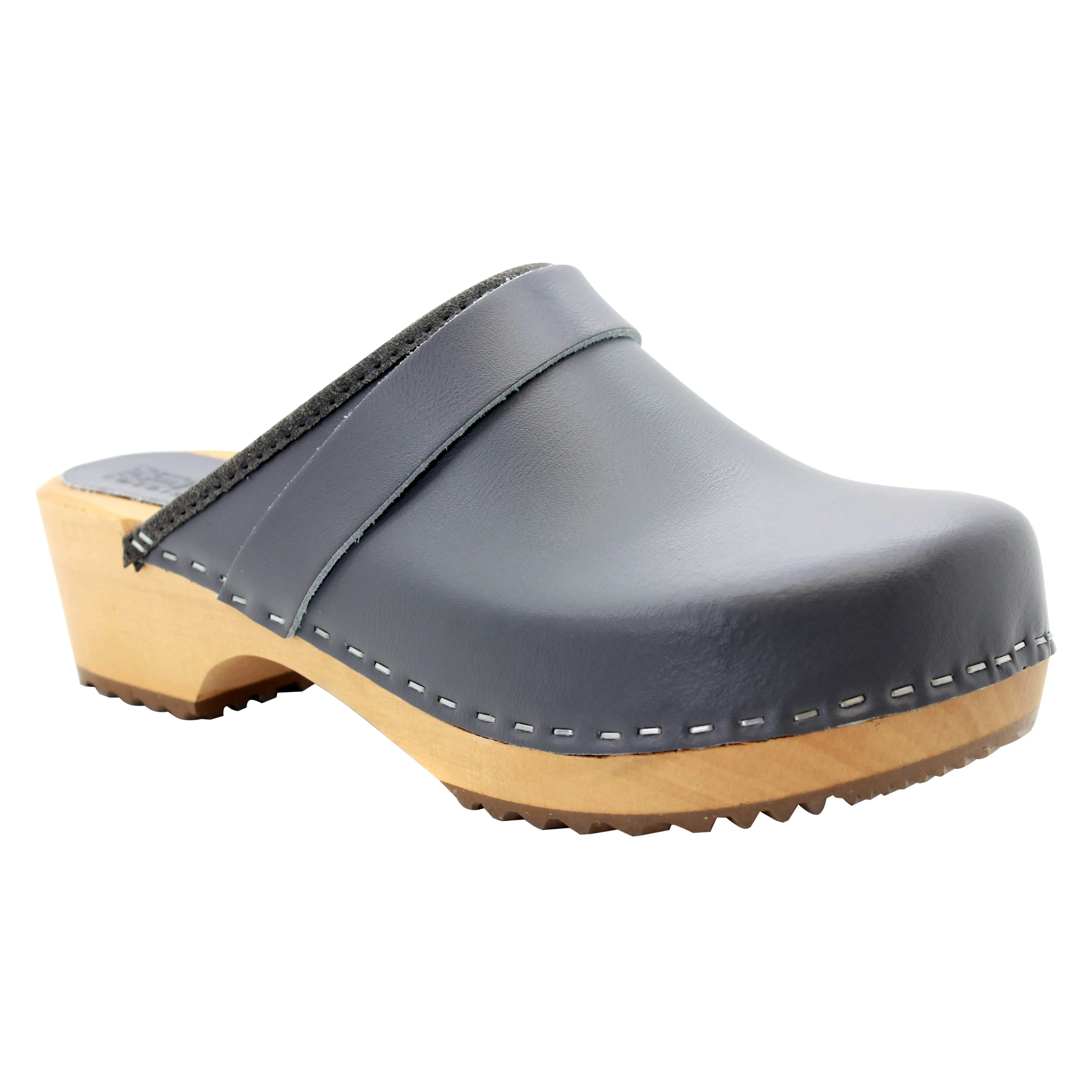 BJORK Maja Wood Open Back Grey Leather Clogs