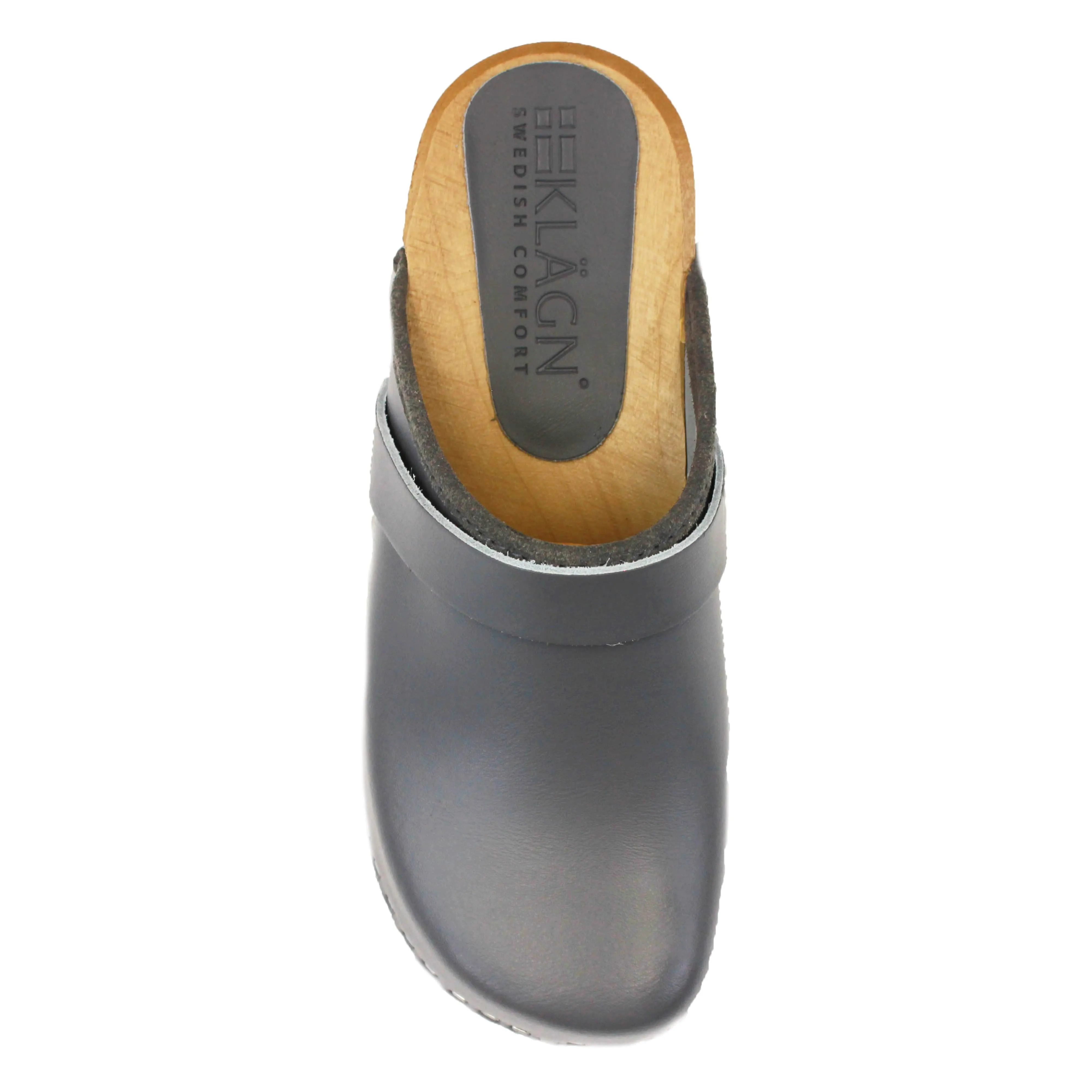 BJORK Maja Wood Open Back Grey Leather Clogs