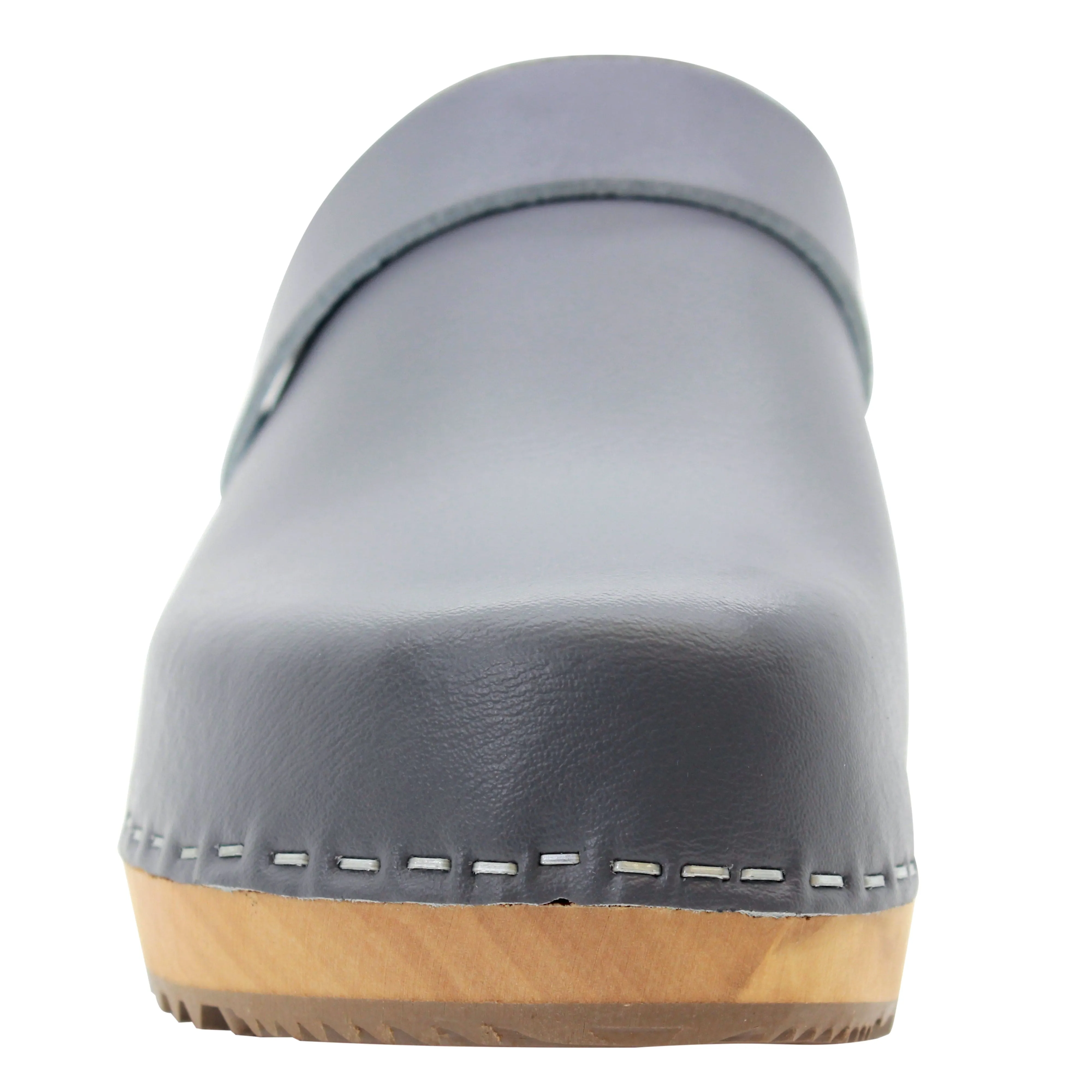 BJORK Maja Wood Open Back Grey Leather Clogs