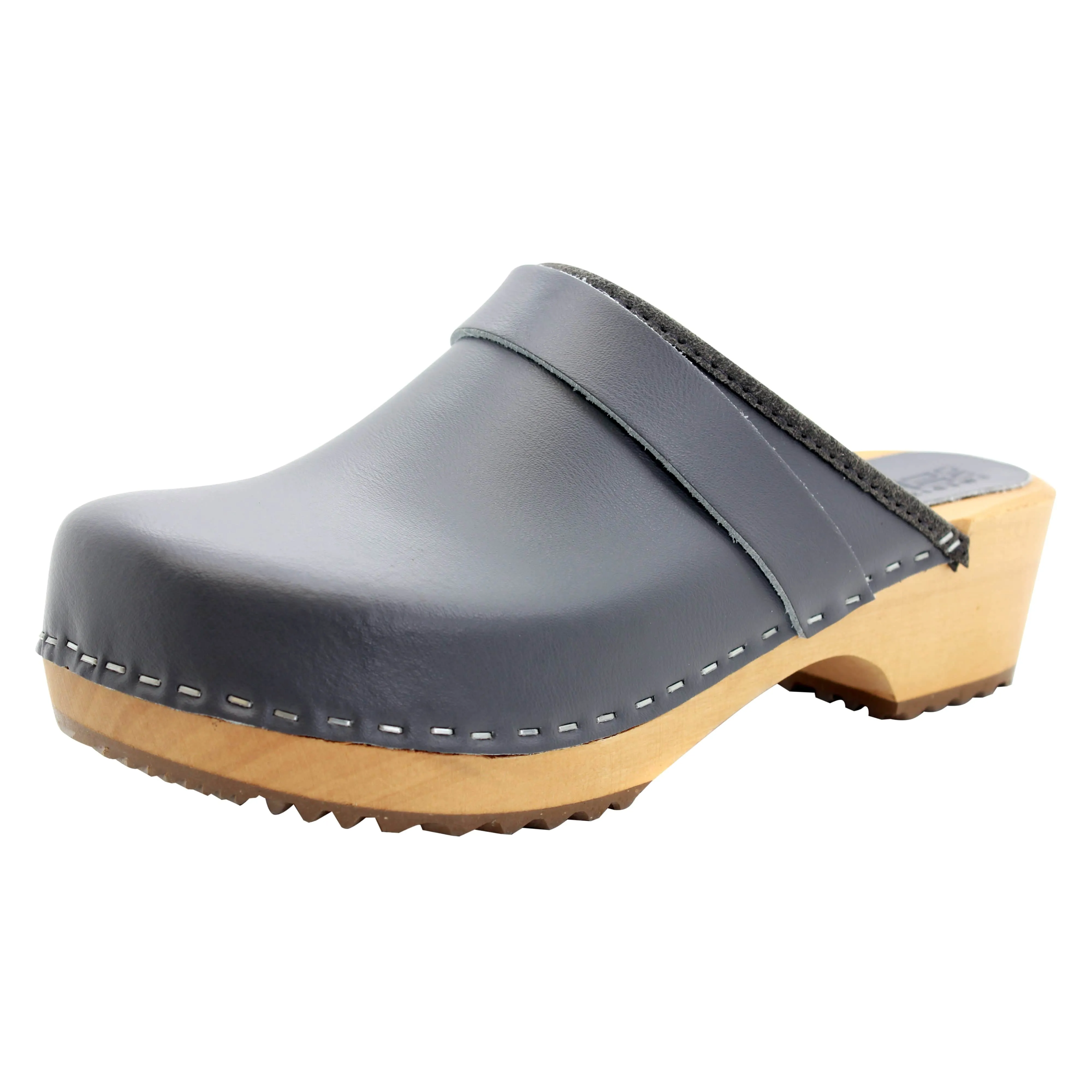 BJORK Maja Wood Open Back Grey Leather Clogs