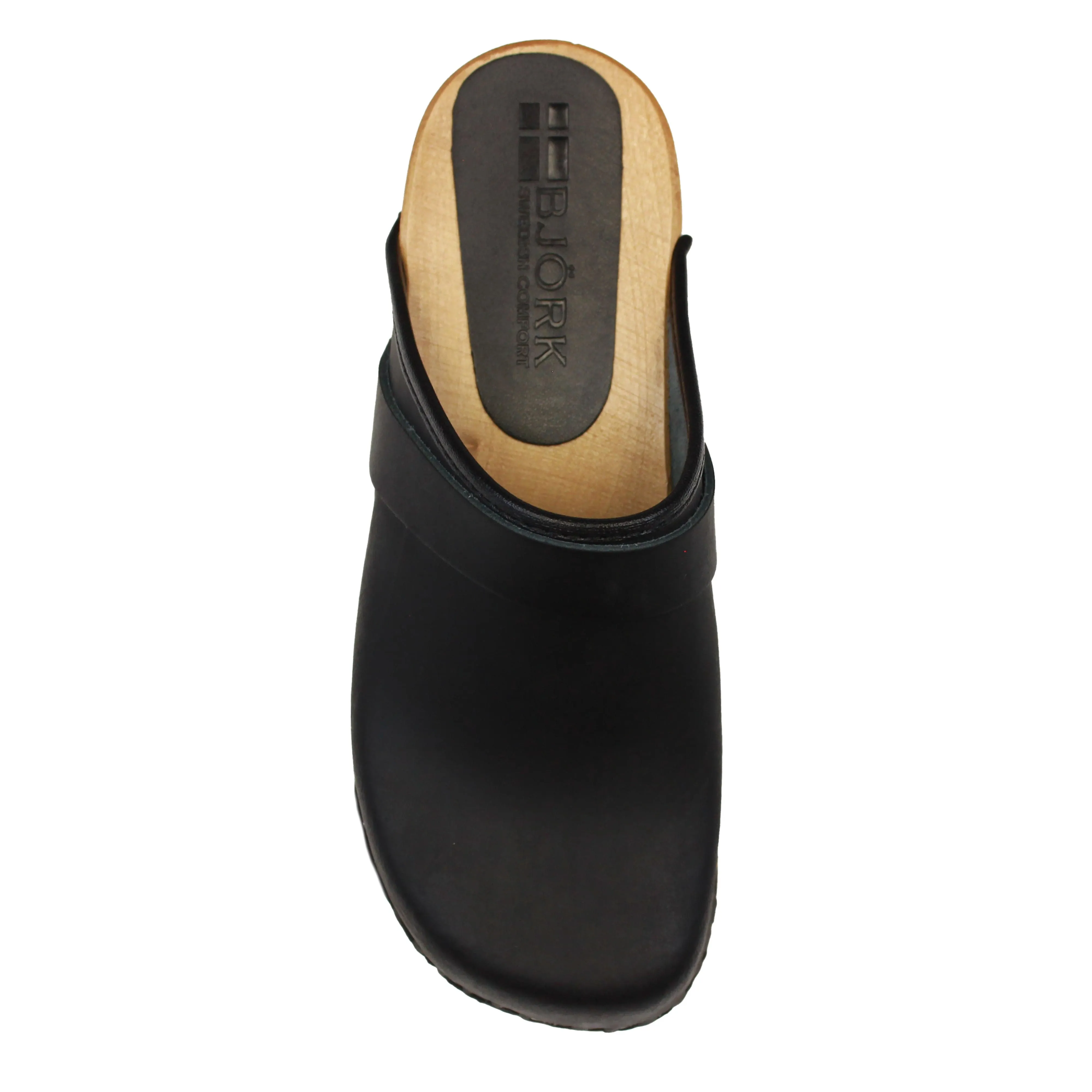 BJORK Tuva Wood Open Back Grip Black Natural Leather Clogs