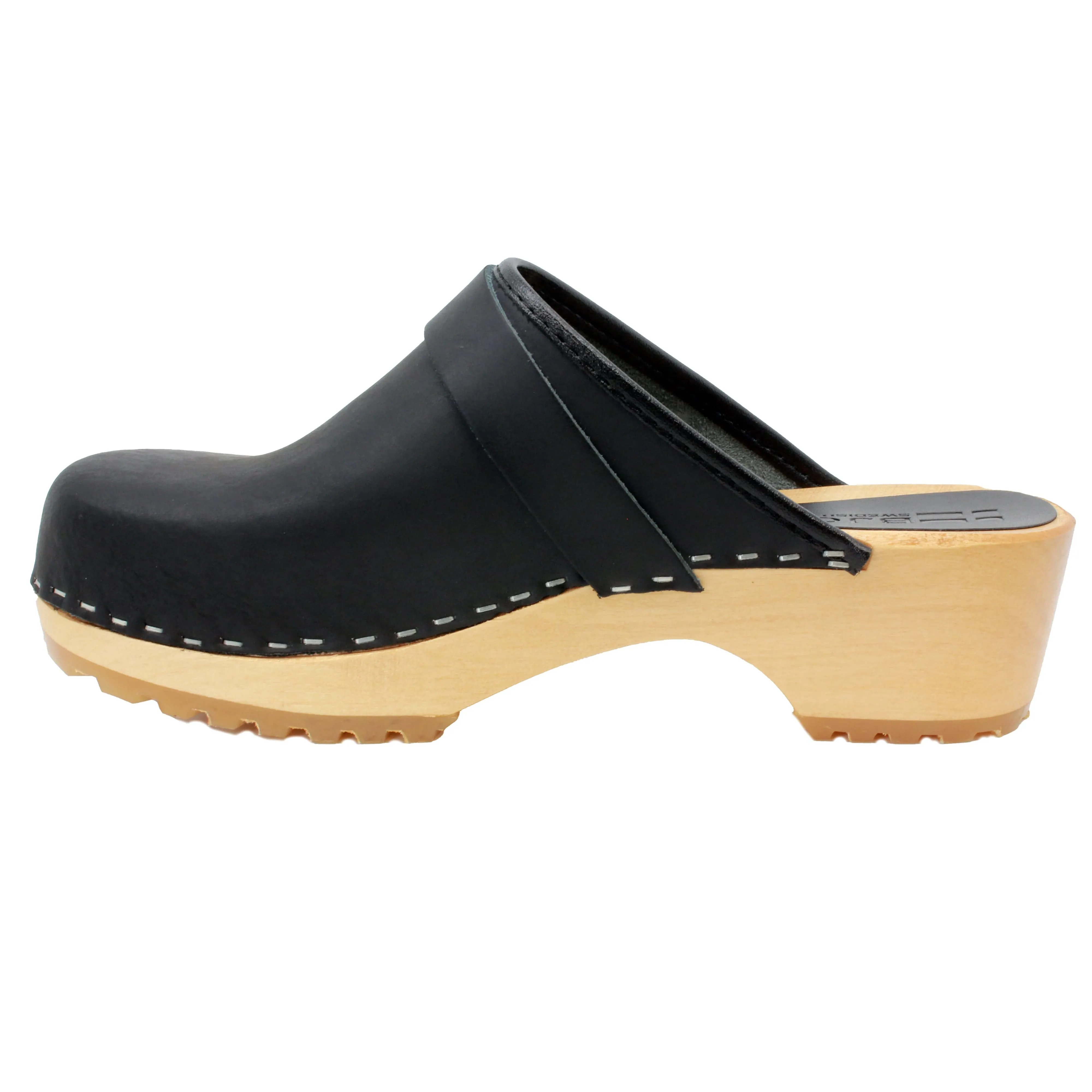 BJORK Tuva Wood Open Back Grip Black Natural Leather Clogs