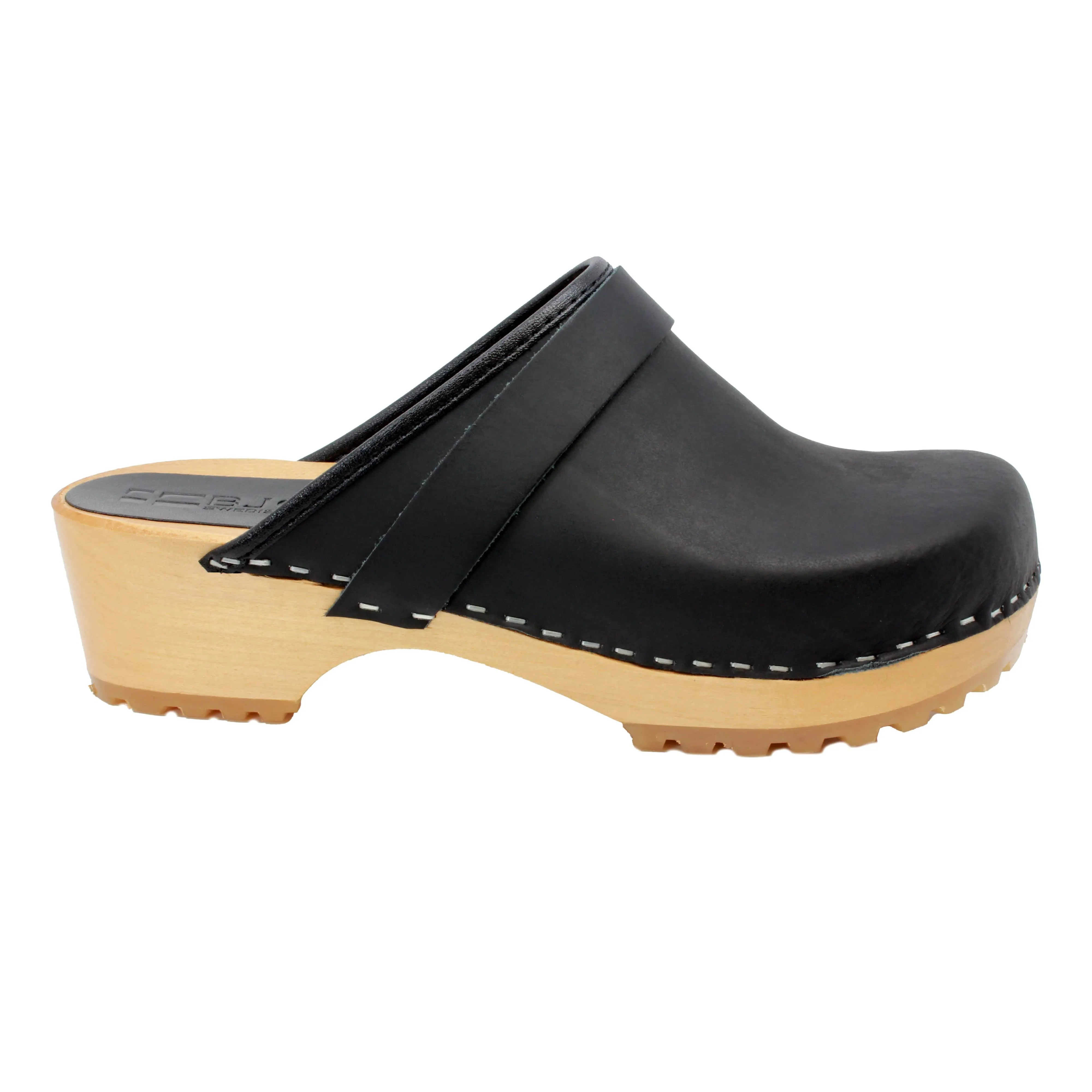 BJORK Tuva Wood Open Back Grip Black Natural Leather Clogs