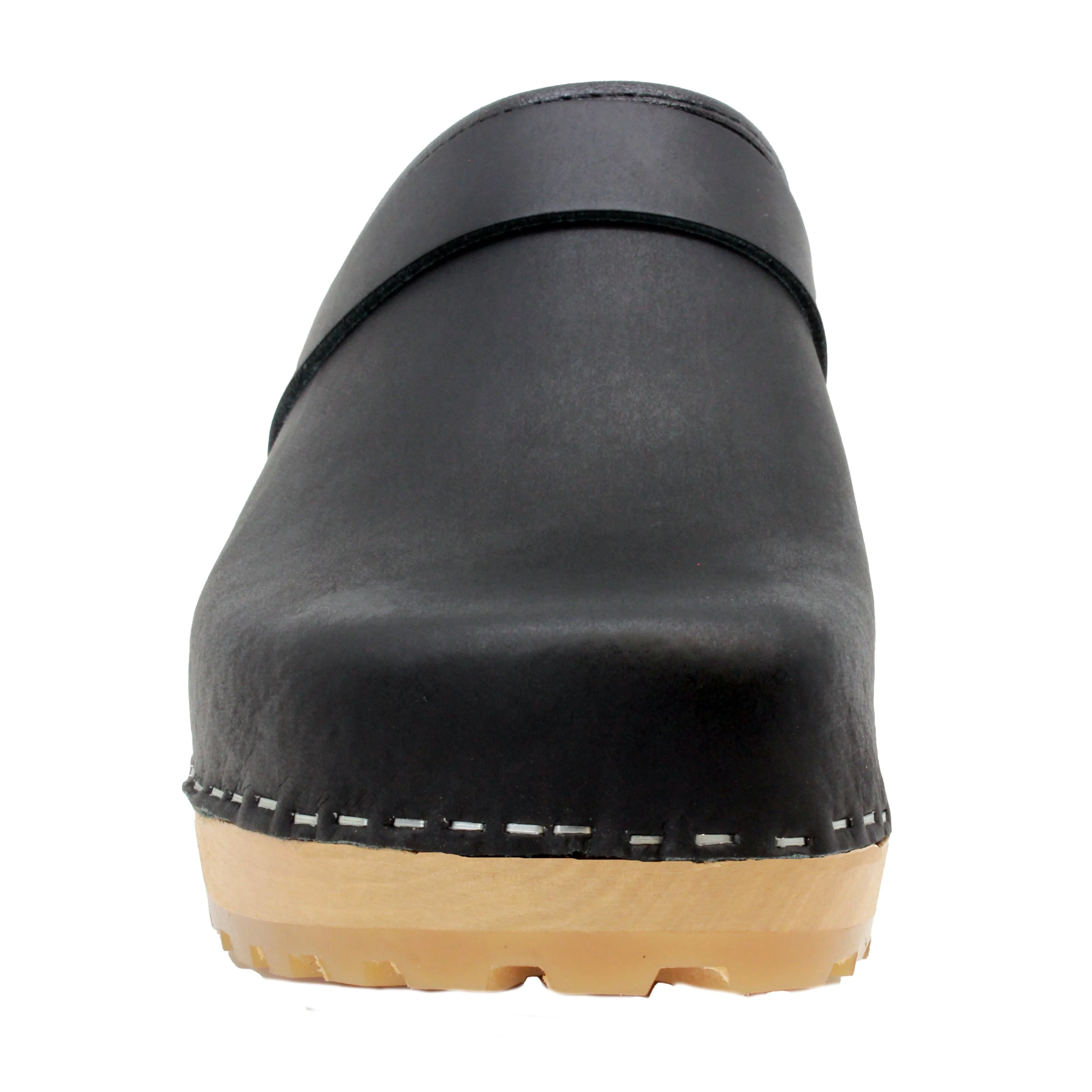 BJORK Tuva Wood Open Back Grip Black Natural Leather Clogs