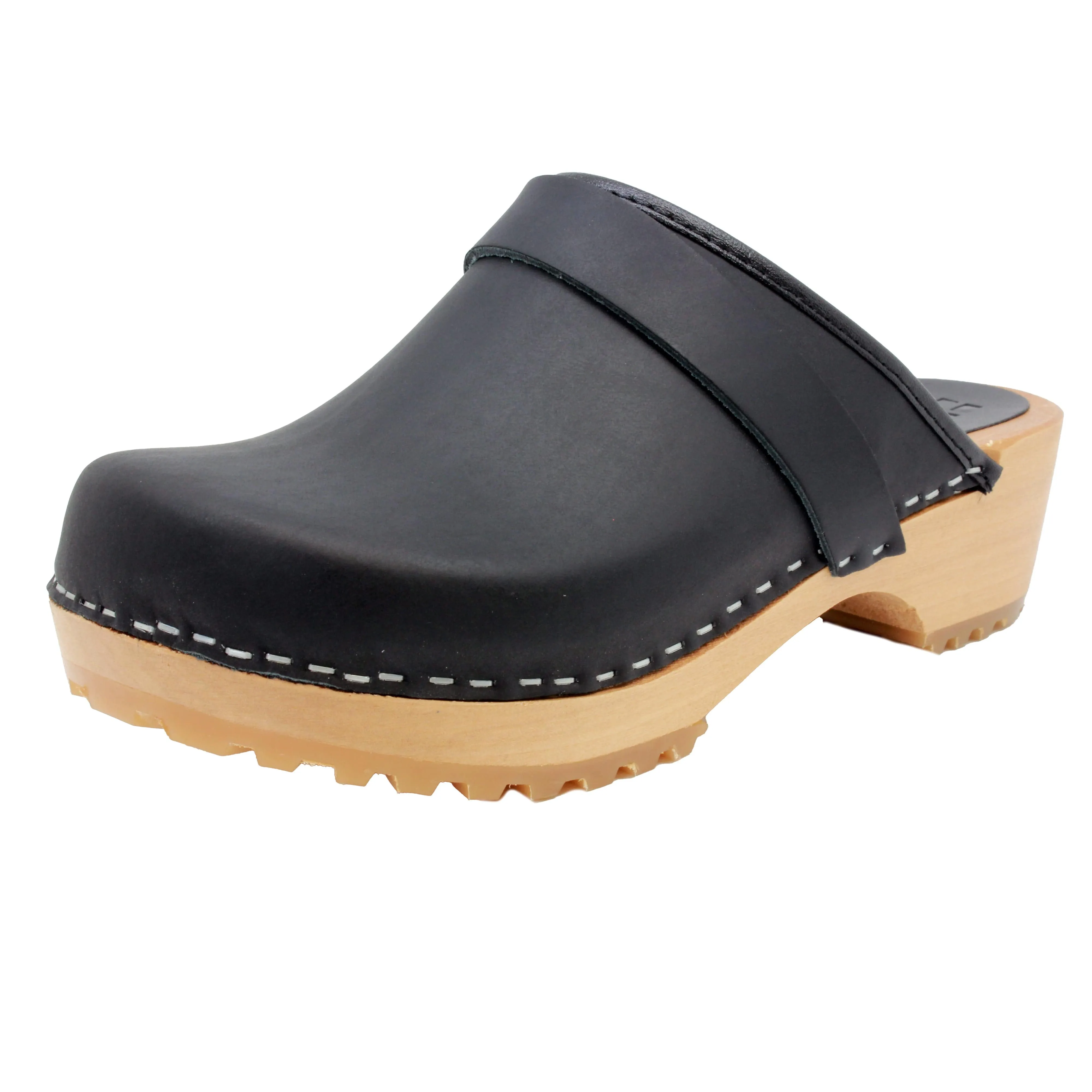 BJORK Tuva Wood Open Back Grip Black Natural Leather Clogs