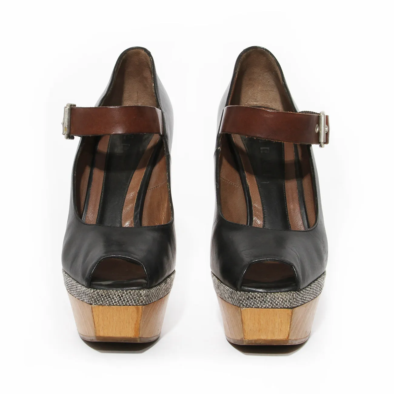 Black Leather and Wood Platform Mary Jane Heel 36.5