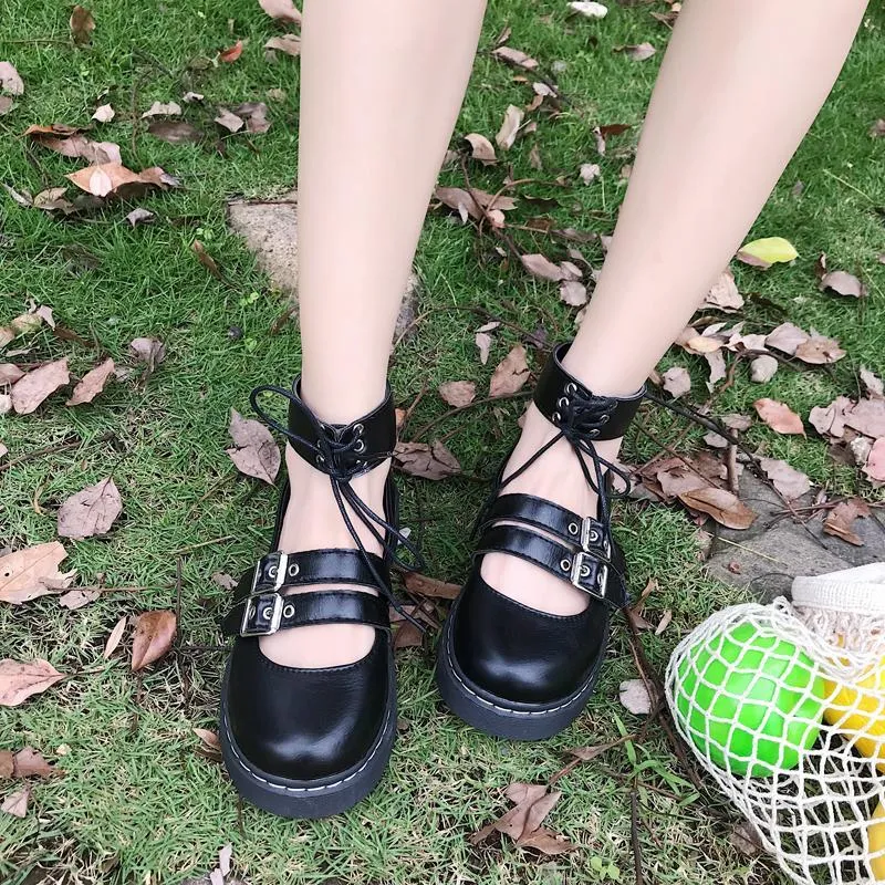 Black Leather Buckle Round Toe Platform Flat Sandals