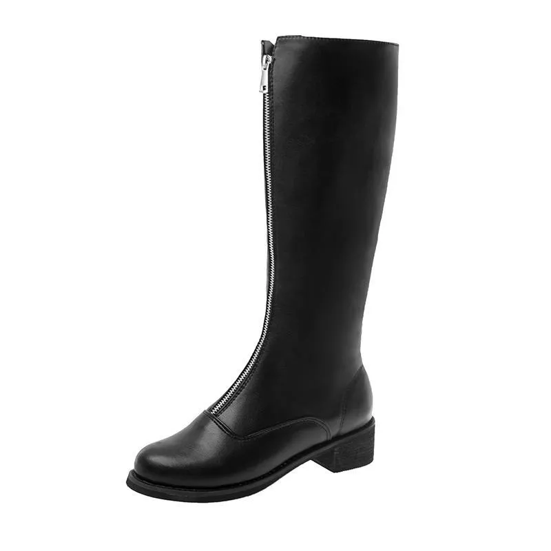 Black Platform Heel Zipper High Boots