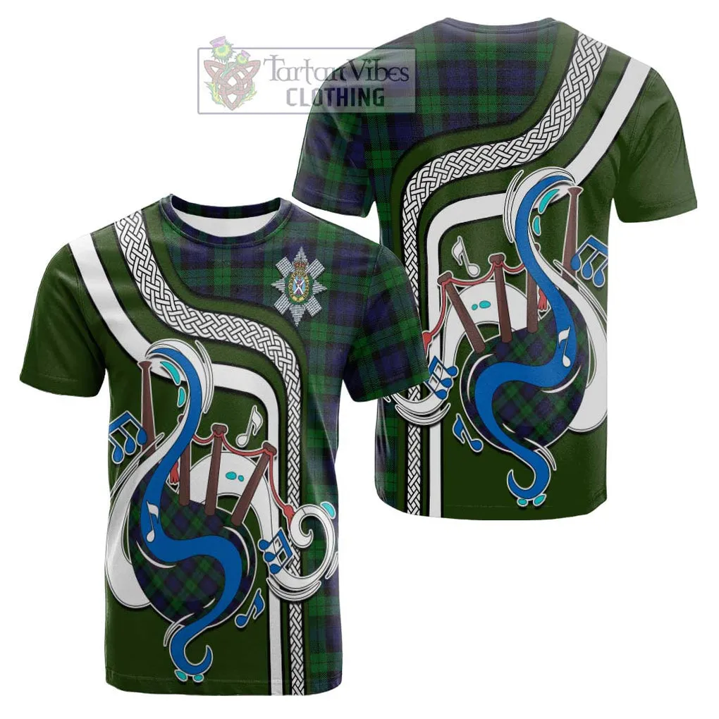 Black Watch Tartan Cotton T-shirt with Epic Bagpipe Style