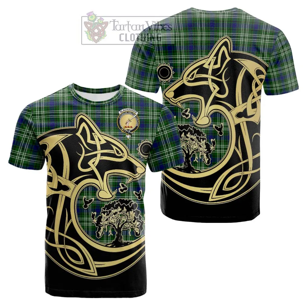 Blackadder Tartan Cotton T-shirt with Family Crest Celtic Wolf Style