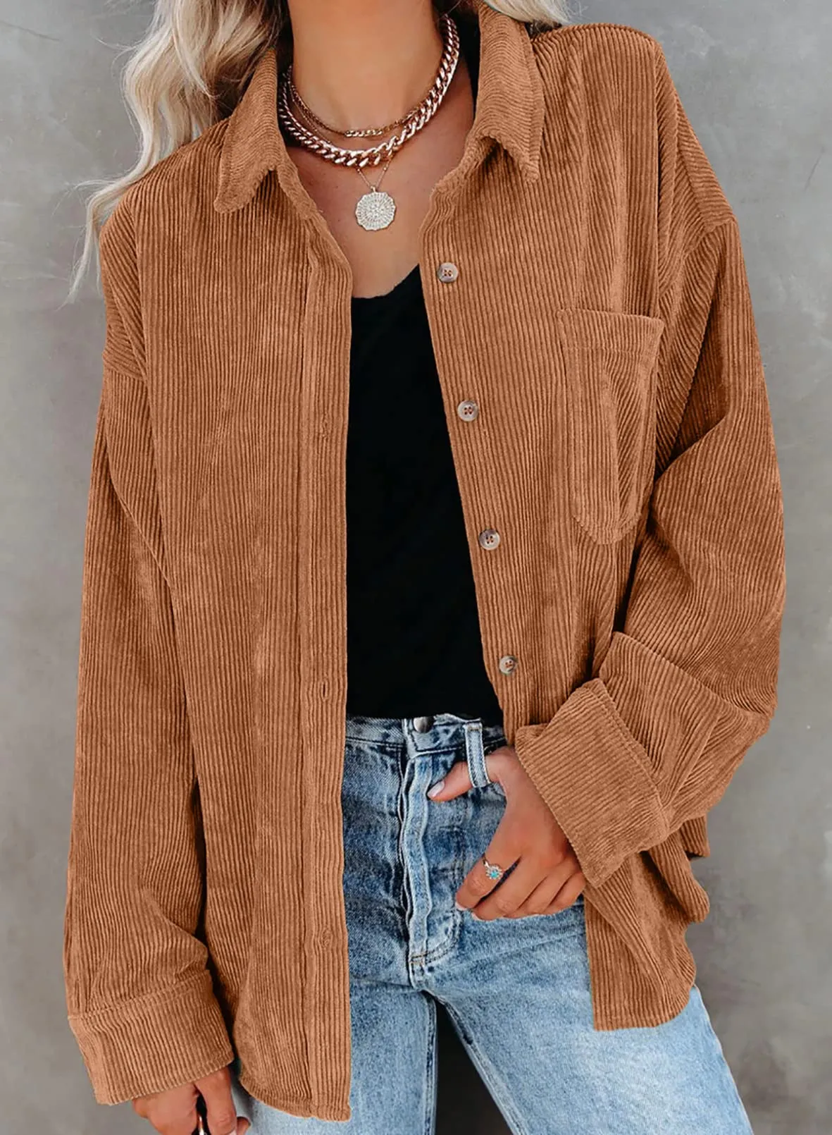 Blue Check Womens Corduroy Button Down Shirts Boyfriend Long Sleeve Oversized Blouses Tops - Dokotoo