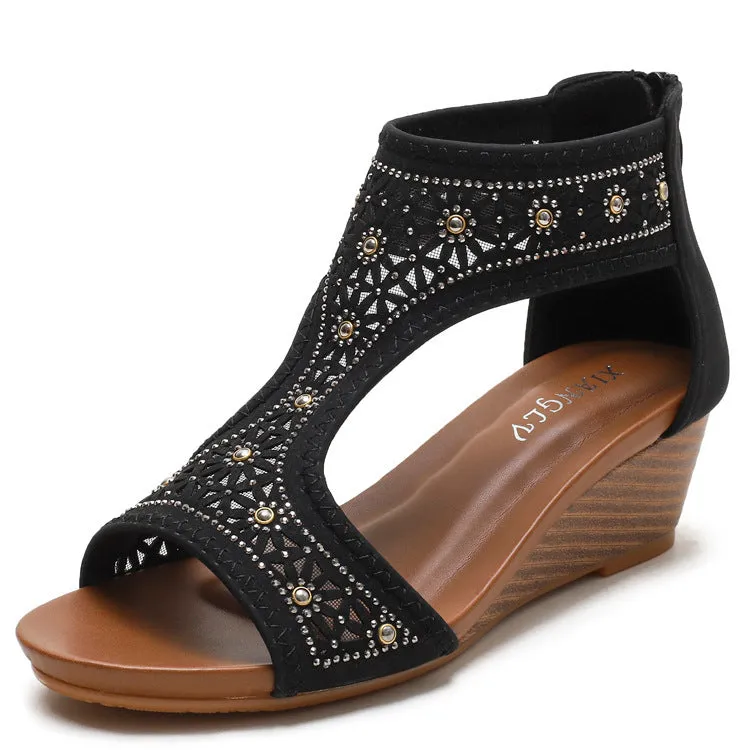 Bohemian Ladies Sandals, Summer New Style Wedge Heel Mid-Heel Mother Shoes, Comfortable Wedge Heel Women