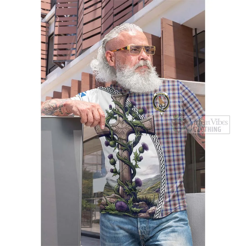 Boswell Tartan Cotton T-shirt with Family Crest and St. Andrew's Cross Accented by Thistle Vines