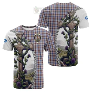 Boswell Tartan Cotton T-shirt with Family Crest and St. Andrew's Cross Accented by Thistle Vines