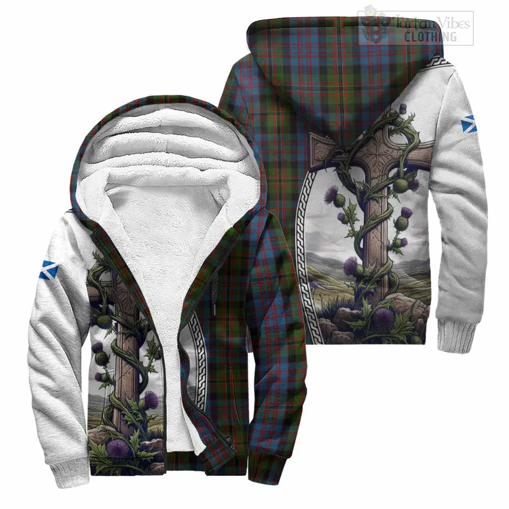 Bowie Tartan Sherpa Hoodie with Family Crest and St. Andrew's Cross Accented by Thistle Vines