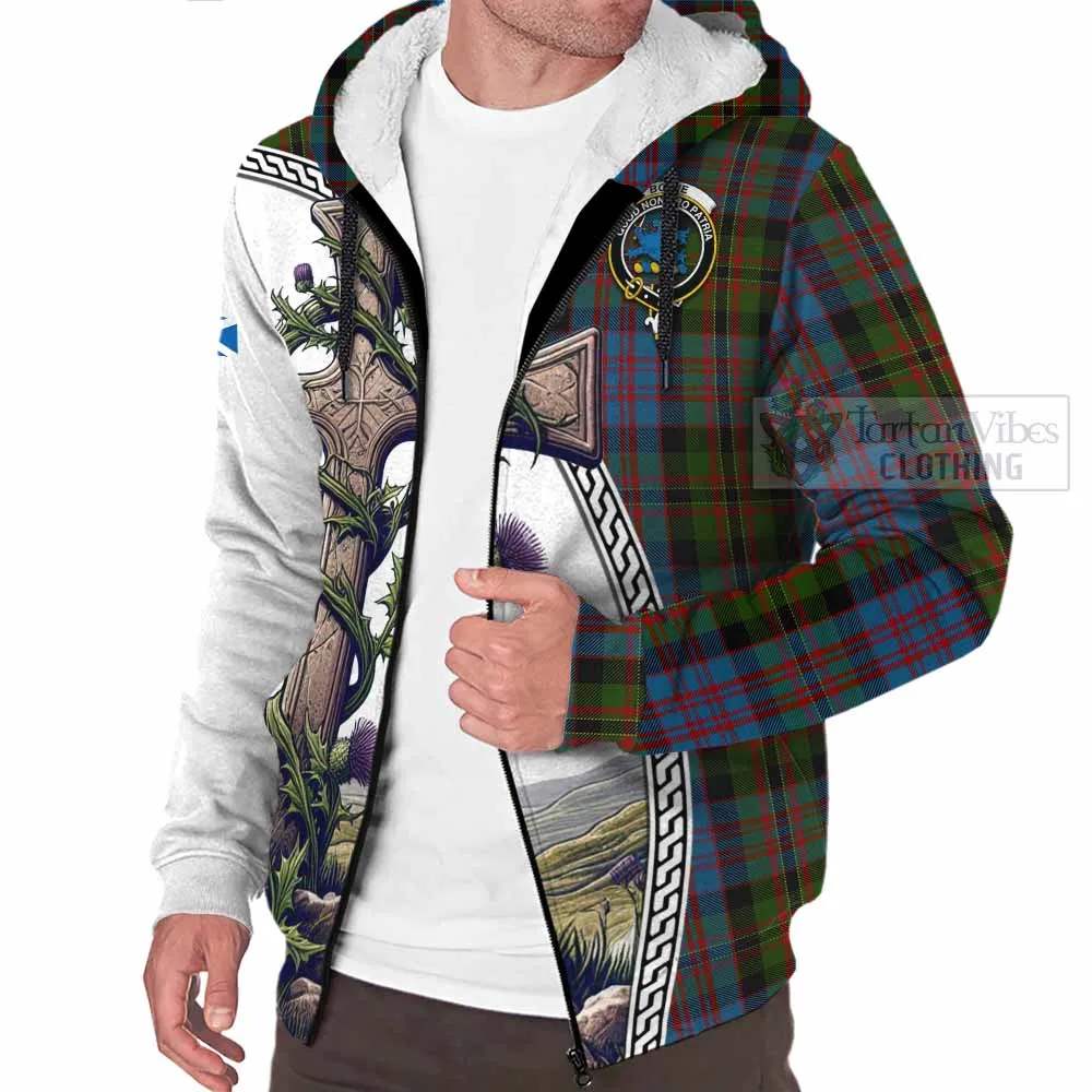 Bowie Tartan Sherpa Hoodie with Family Crest and St. Andrew's Cross Accented by Thistle Vines