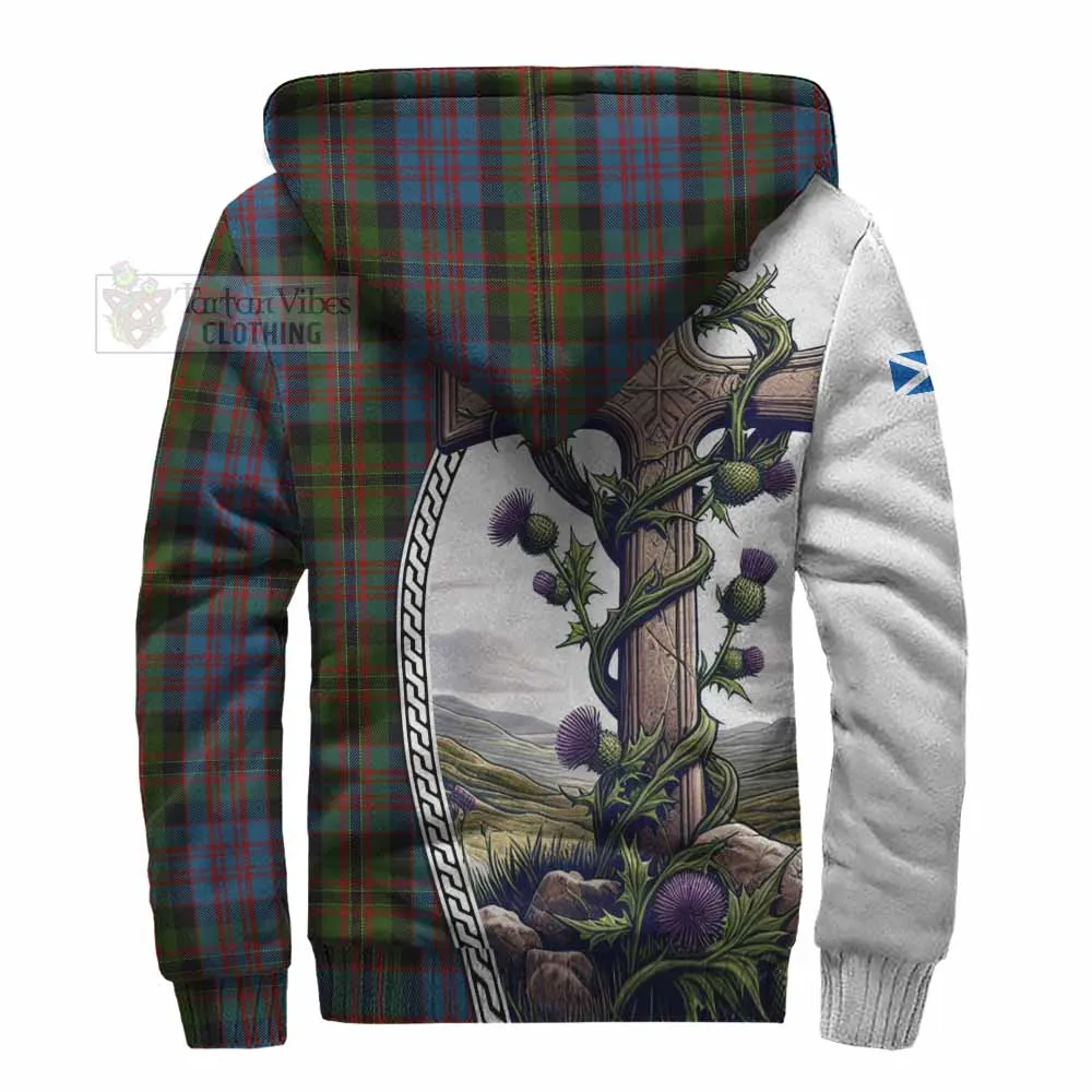 Bowie Tartan Sherpa Hoodie with Family Crest and St. Andrew's Cross Accented by Thistle Vines