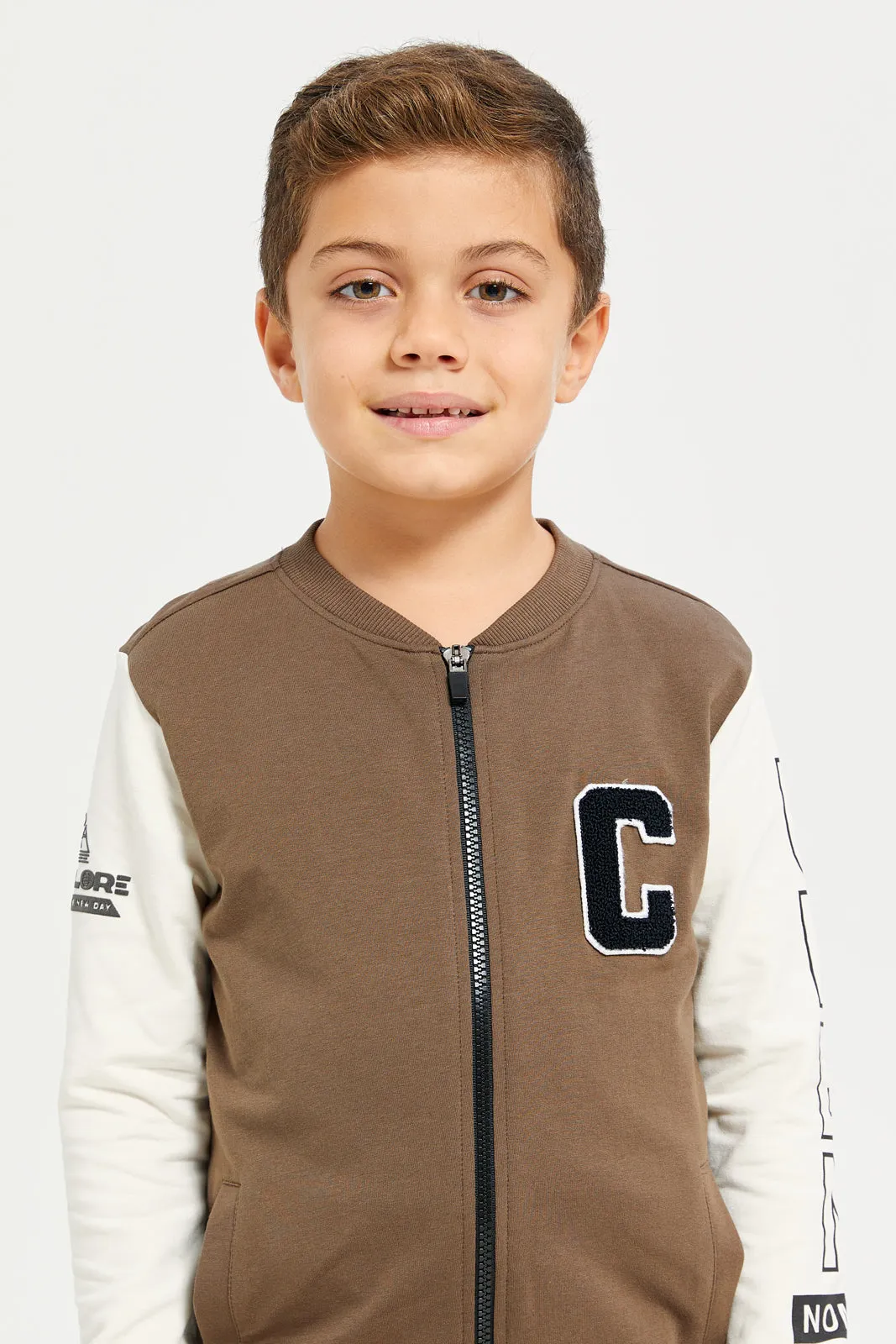 Boys Brown Bomber Zip Thru Sweatshirt