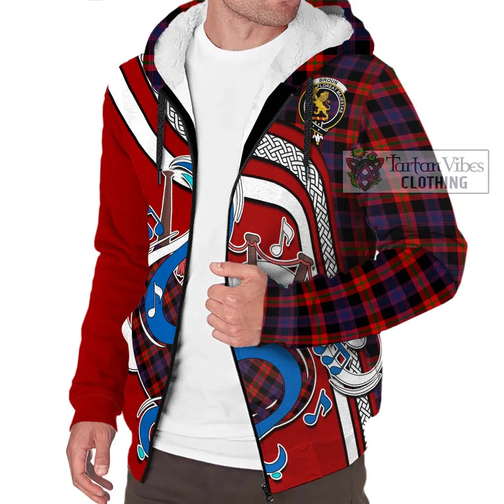 Broun Modern Tartan Sherpa Hoodie with Epic Bagpipe Style