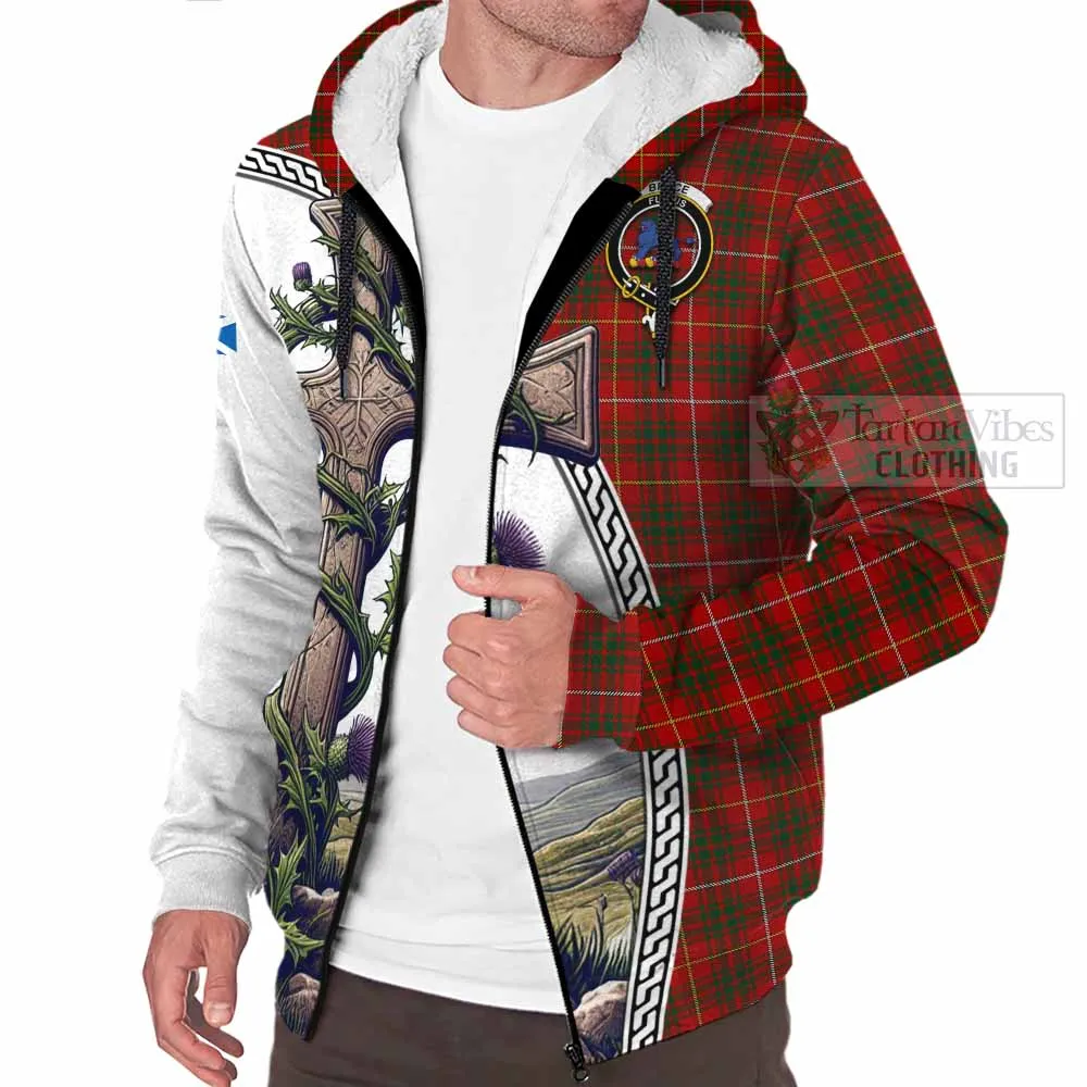 Bruce Tartan Sherpa Hoodie with Family Crest and St. Andrew's Cross Accented by Thistle Vines