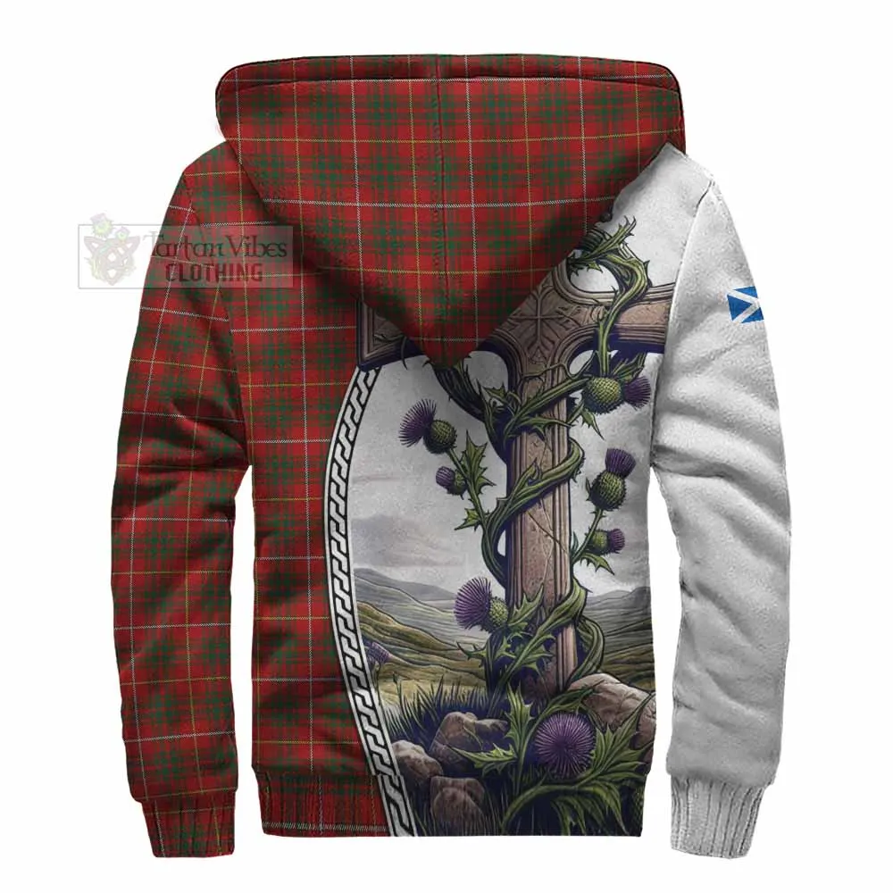 Bruce Tartan Sherpa Hoodie with Family Crest and St. Andrew's Cross Accented by Thistle Vines