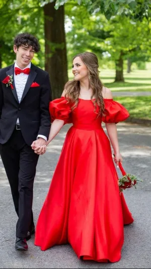 Bubble Sleeve Red A-line Satin Prom Dress,Evening Gowns Formal