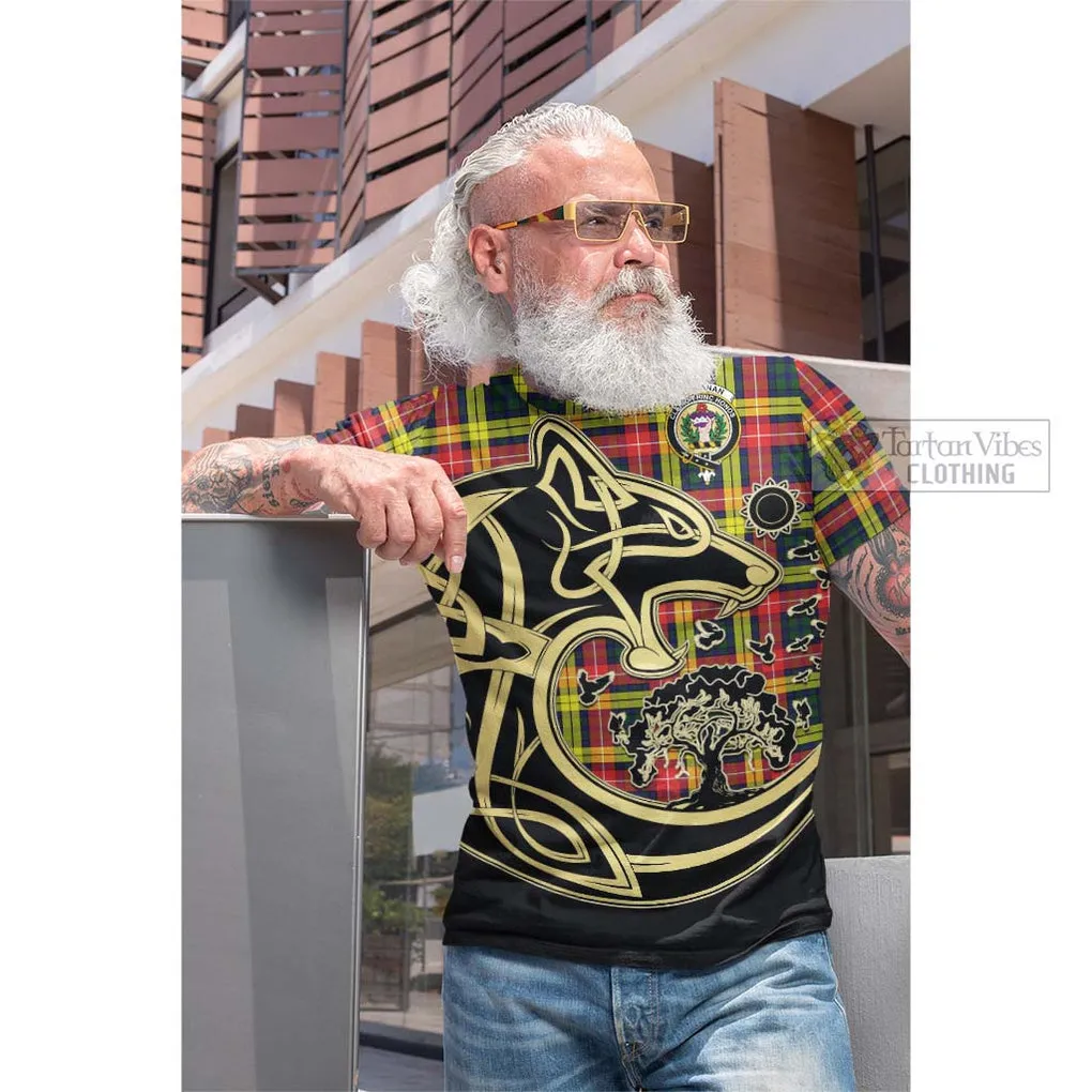 Buchanan Modern Tartan Cotton T-shirt with Family Crest Celtic Wolf Style