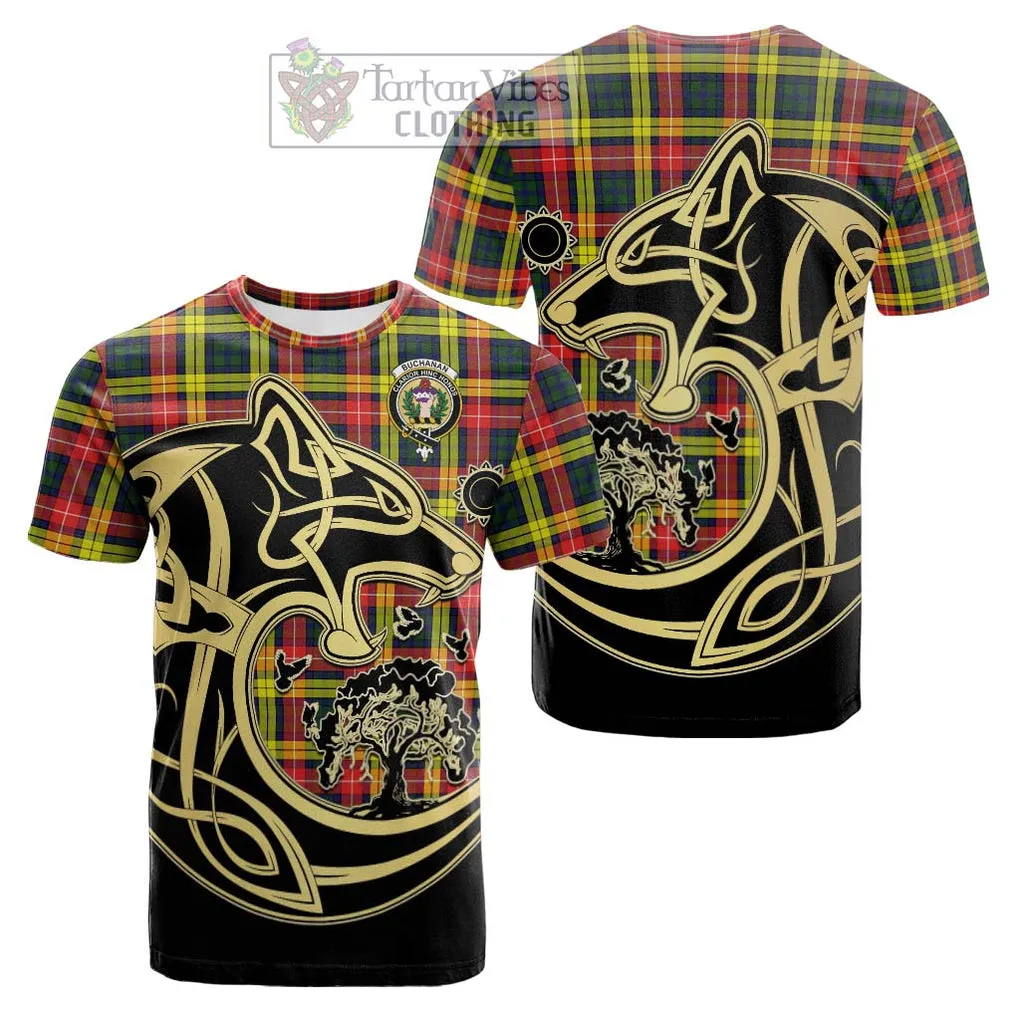 Buchanan Modern Tartan Cotton T-shirt with Family Crest Celtic Wolf Style