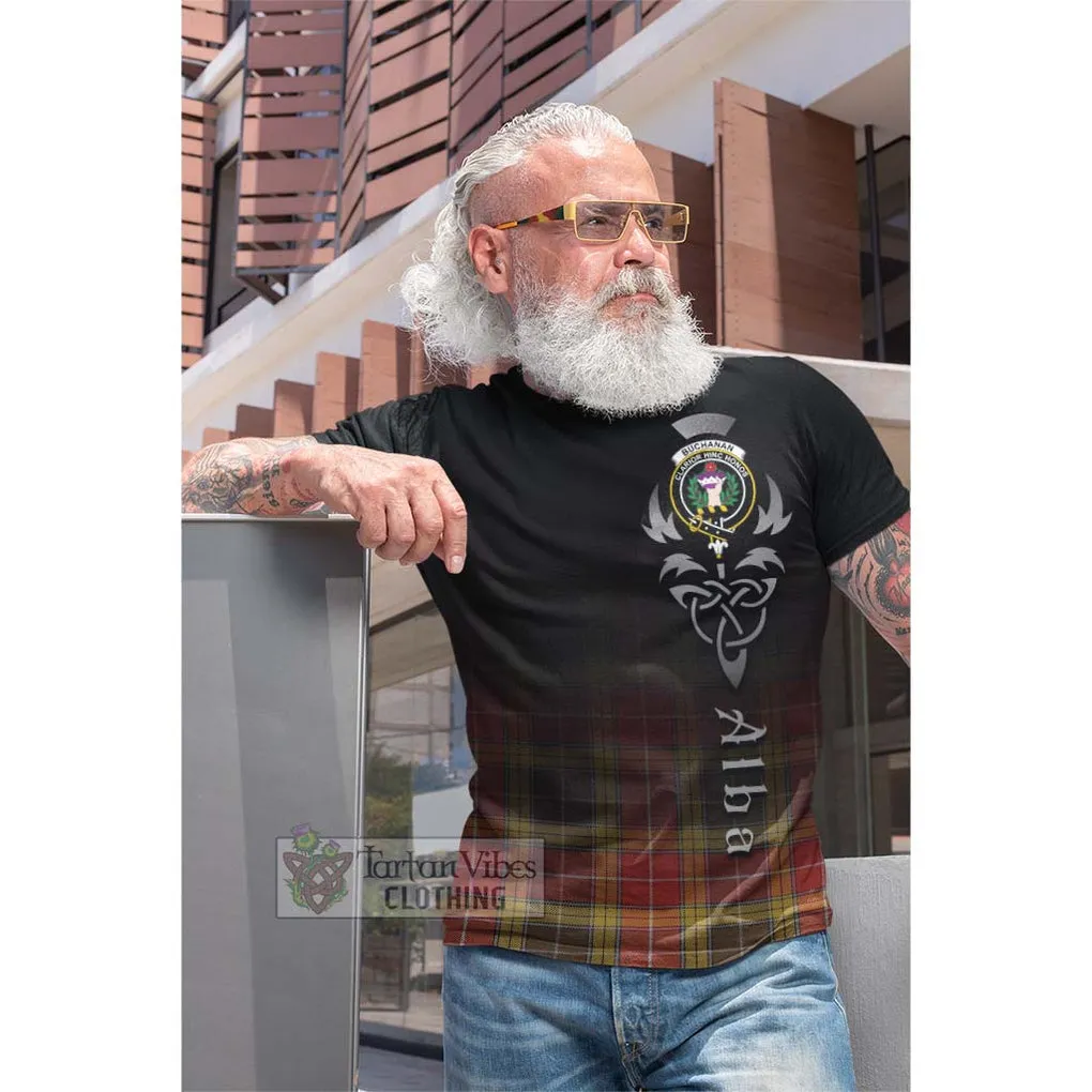 Buchanan Old Set Weathered Tartan Cotton T-shirt Featuring Alba Gu Brath Family Crest Celtic Inspired