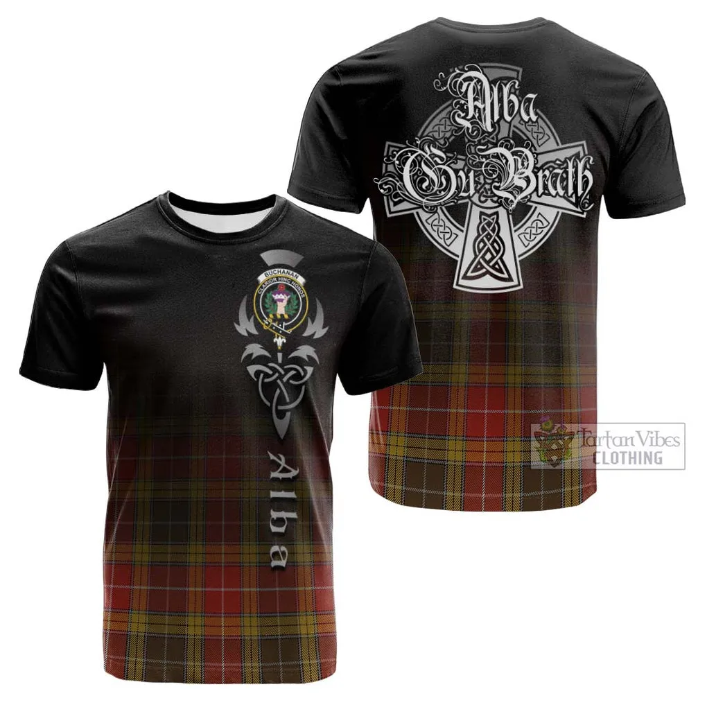 Buchanan Old Set Weathered Tartan Cotton T-shirt Featuring Alba Gu Brath Family Crest Celtic Inspired