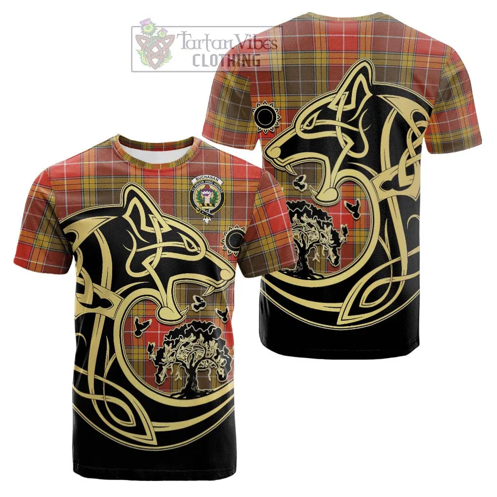 Buchanan Old Set Weathered Tartan Cotton T-shirt with Family Crest Celtic Wolf Style