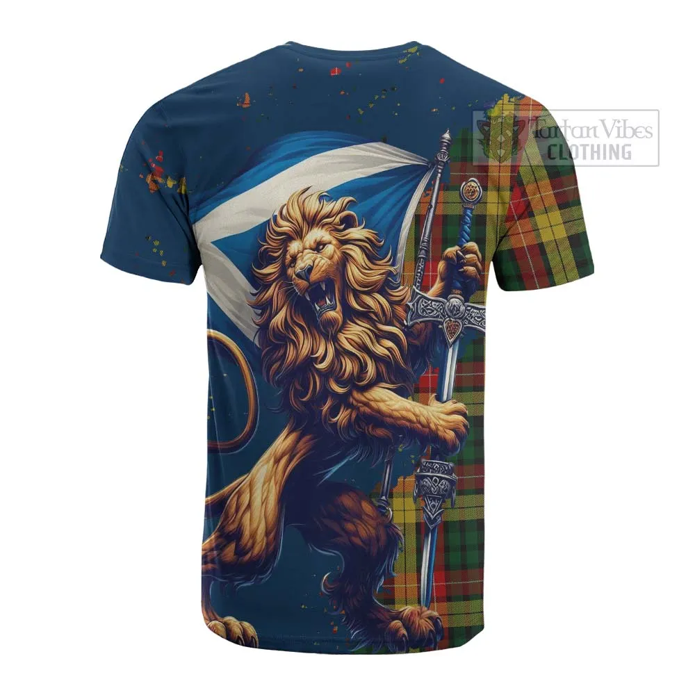 Buchanan Tartan Family Crest Cotton T-shirt with Scottish Majestic Lion