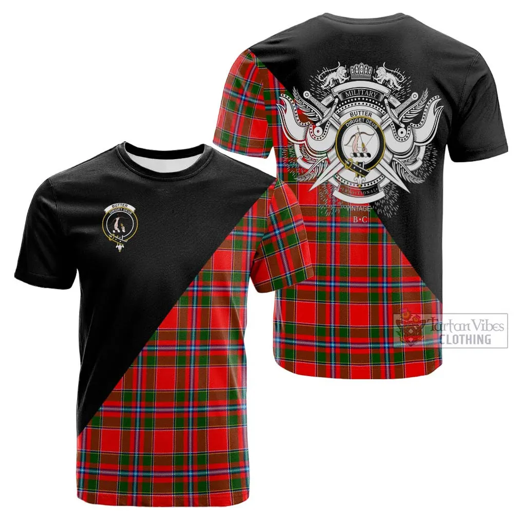 Butter Tartan Cotton T-shirt with Family Crest and Military Logo Style