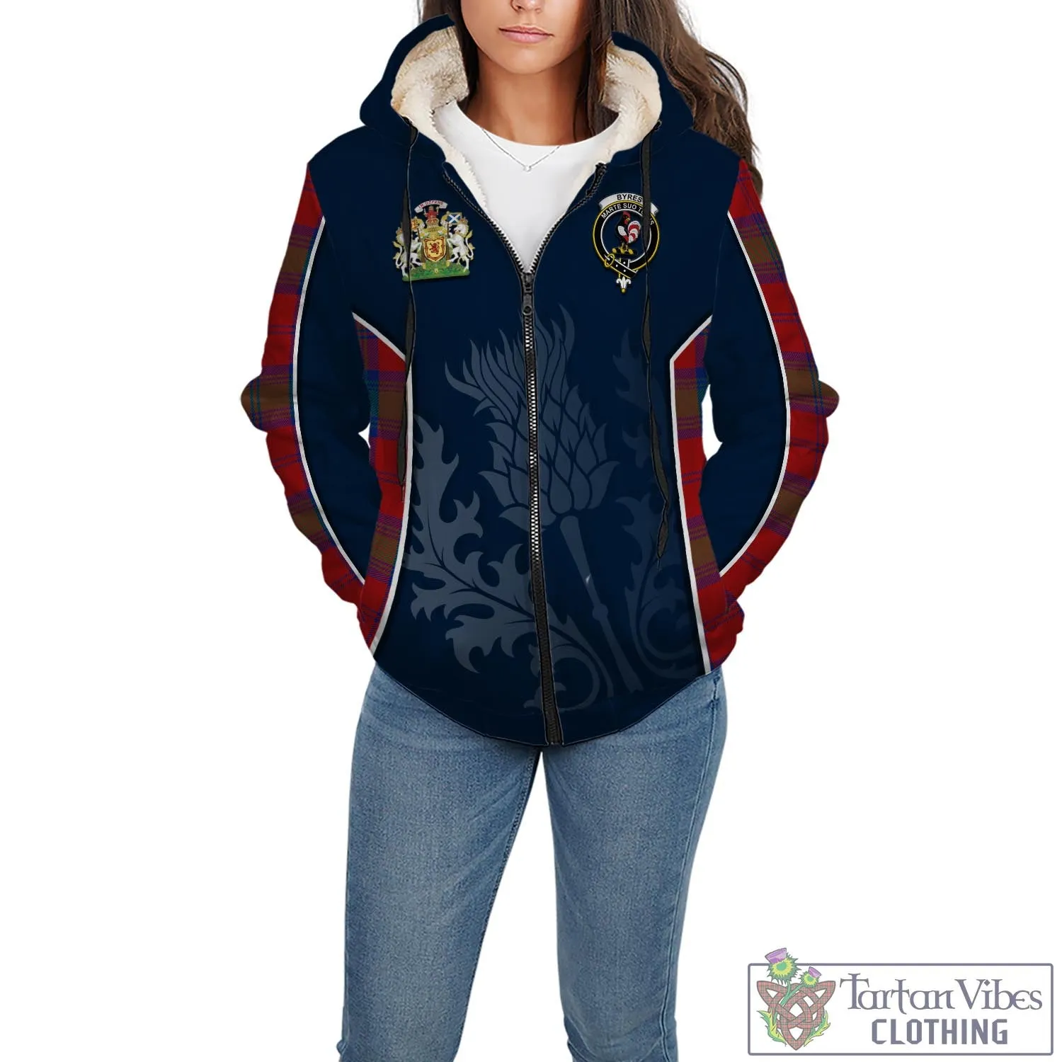 Byres (Byses) Tartan Sherpa Hoodie with Family Crest and Scottish Thistle Vibes Sport Style