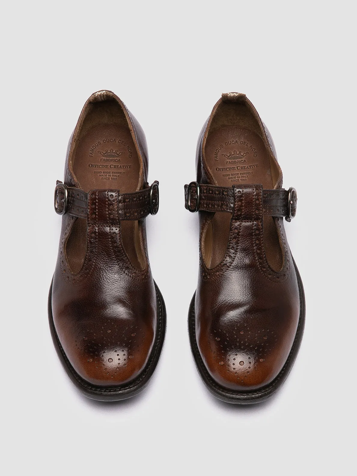 CALIXTE 071 - Brown Leather T-Bar Shoes