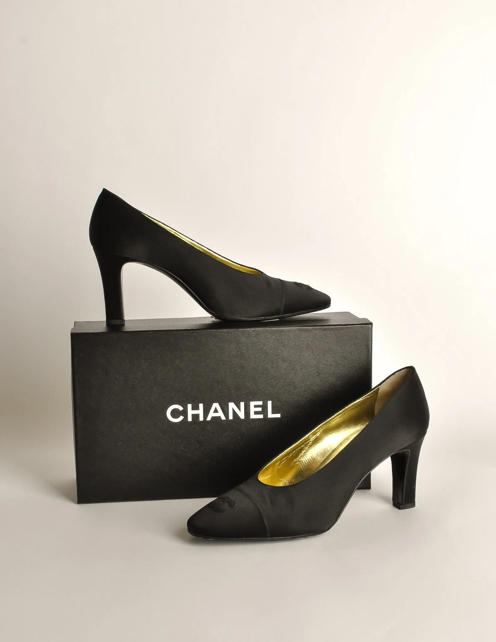 Chanel Vintage Black Satin CC Logo Heels