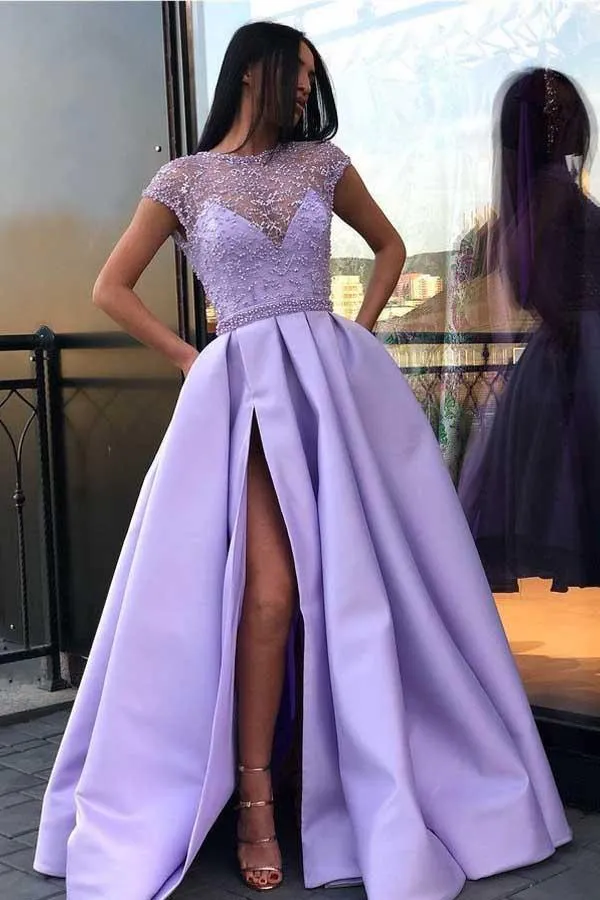 Chic Satin Prom Dress With Split Beading Prom Dress Evening Dress PG672