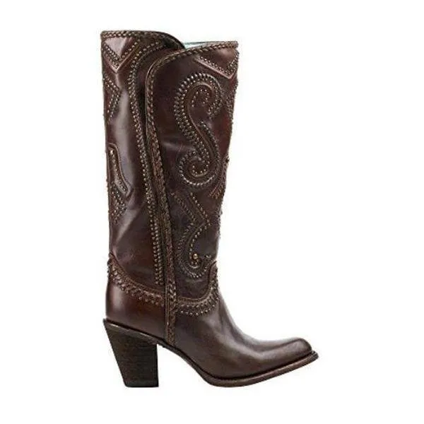 Corral Women's Brown Studded and Whip Stitched Round Toe Cowgirl Boots - C2906