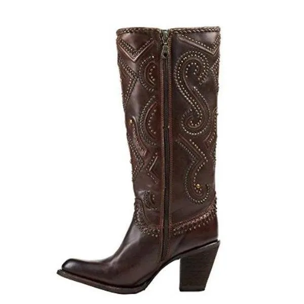 Corral Women's Brown Studded and Whip Stitched Round Toe Cowgirl Boots - C2906