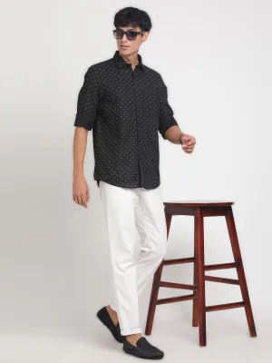 Cotton Linen Black Printed Slim Fit Full Sleeve Formal Shirt