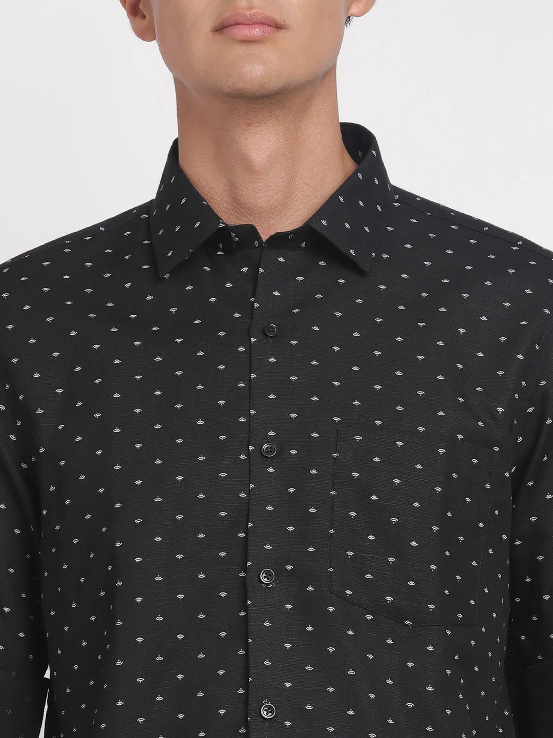 Cotton Linen Black Printed Slim Fit Full Sleeve Formal Shirt